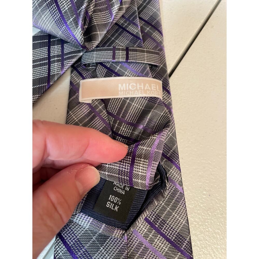 Michael Kors mens‎ silk tie purple silver gray plaid stripe NWOT designer